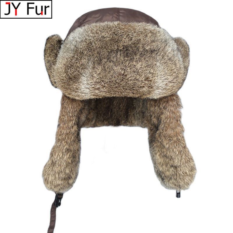 Russia Winter Real Rabbit Fur Bomber Hat Men Outdoor Warm Windproof