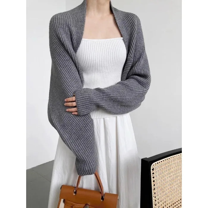 French Style Short Knitted Cardigan for Women – Batwing Sleeves, Polo Collar