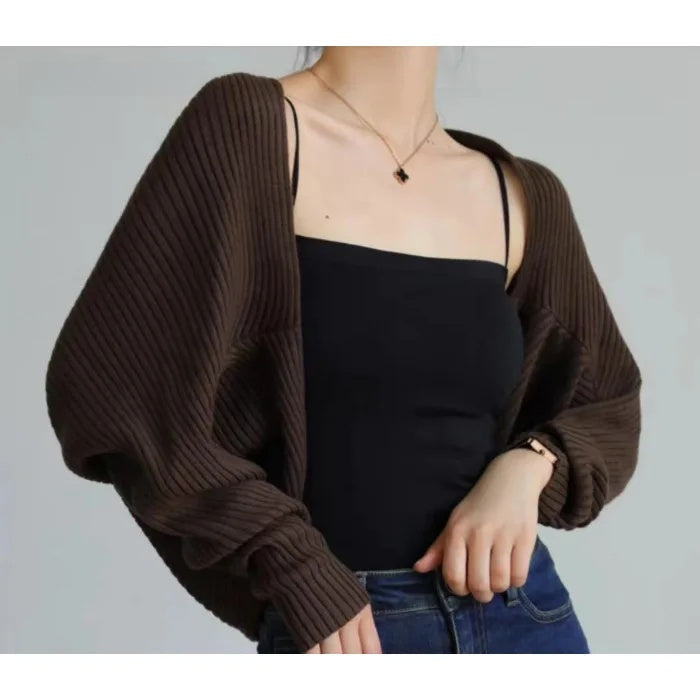 French Style Short Knitted Cardigan for Women – Batwing Sleeves, Polo Collar
