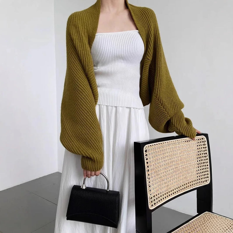 French Style Short Knitted Cardigan for Women – Batwing Sleeves, Polo Collar
