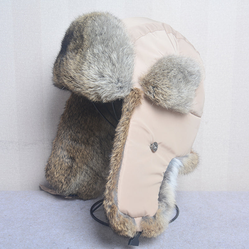 Russia Winter Real Rabbit Fur Bomber Hat Men Outdoor Warm Windproof
