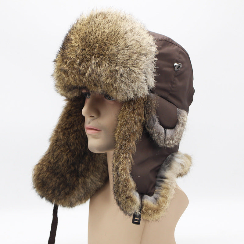 Russia Winter Real Rabbit Fur Bomber Hat Men Outdoor Warm Windproof