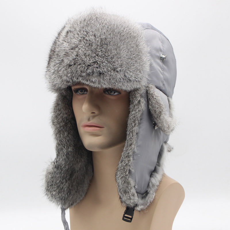 Russia Winter Real Rabbit Fur Bomber Hat Men Outdoor Warm Windproof