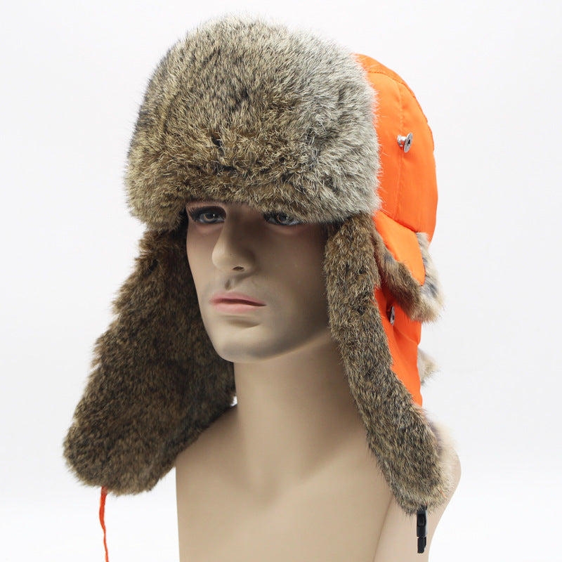 Russia Winter Real Rabbit Fur Bomber Hat Men Outdoor Warm Windproof